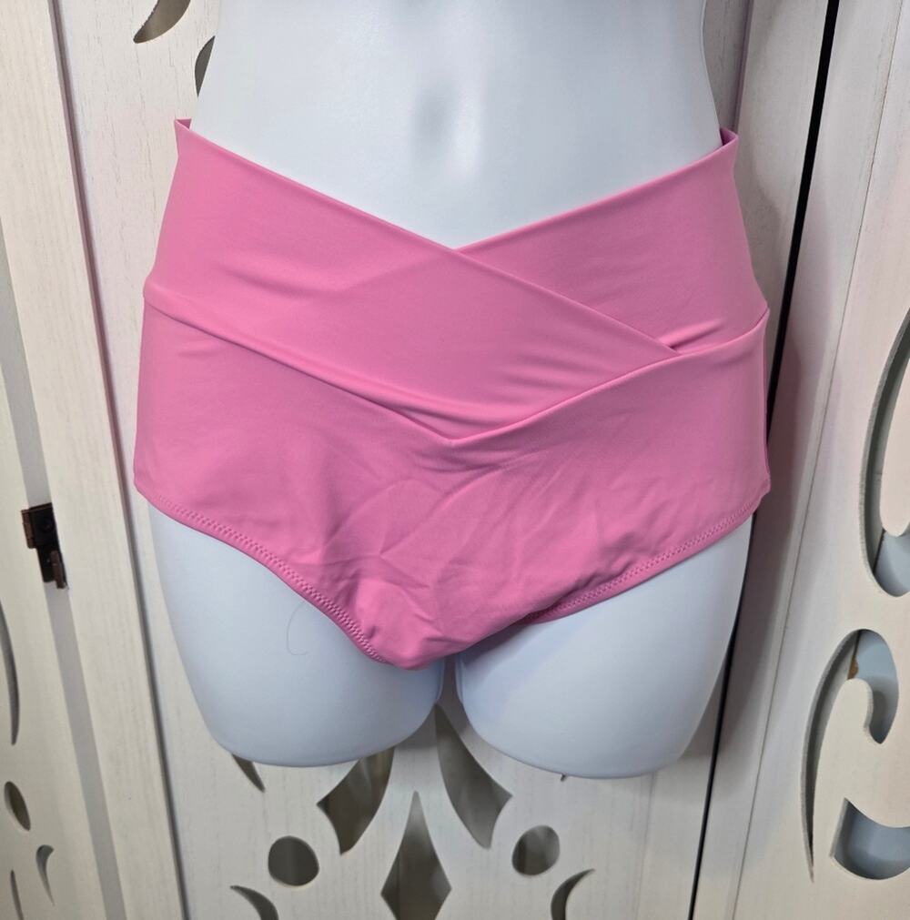 Aerie Pink High Waisted Bikini Bottom Cross Front Full Coverage NWT Small